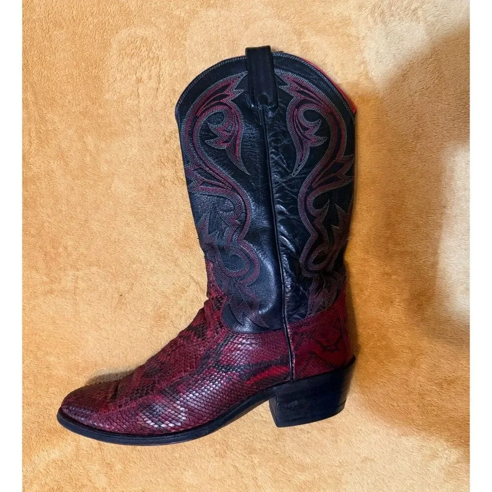 Like New! Vintage 90s Dan Post Genuine Python Cowboy Boots Mens 9D Red Black